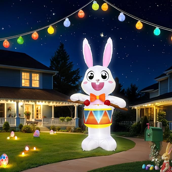 OurWarm 8FT Easter Inflatables Outdoor Decorations, Drumming Inflatable Easter Bunny Decor with Built-in LED Lights, Easter Bunny Blow up Inflatable for Outside Garden Lawn Holiday Party Yard Decor