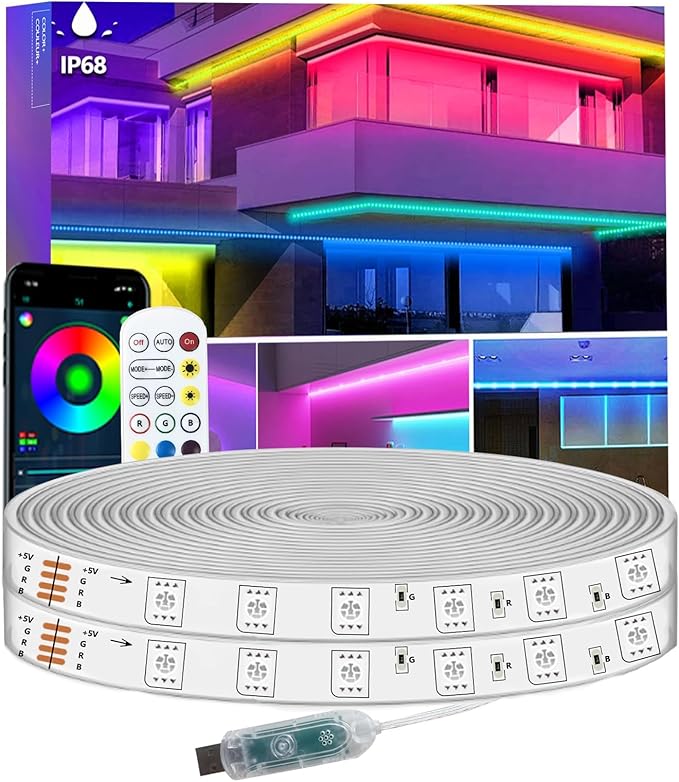 20FT RGB LED Strip Lights IP68 Outdoor Waterproof, 5V USB Powered, Music Sync Bluetooth APP/RF Remote Control Lights for Balcony,Deck,Camping,Garden,Bedroom Decor