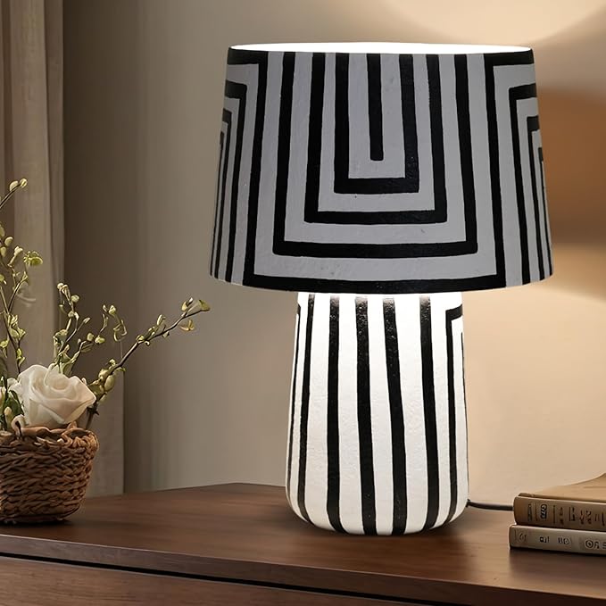 Handicrafts Home Handcrafted Paper Mache Table Lamp, 12x19” Modern Farmhouse Accent Table Lamp, Decorative Dome Bedside Nightstand Lamp for Bedroom Living Room, Small Desk Light, Optic Stripped