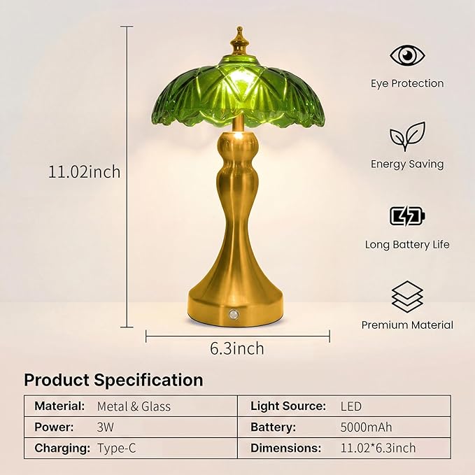 Cordless LED Table Lamp with Glass Shade, 3-Level Brightness & 3 Color Temperatures Touch Control, Rechargeable Portable Bedside Lamp for Nightstand Bedroom Living Room (Green)