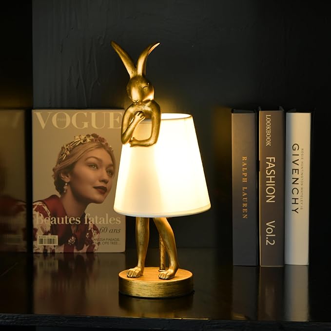 Bunny Cordless Table Lamp with 5000mAh Battery,Rechargeable Resin Rabbit Lamp with Pleated Shade Stepless Dimmable LED Small Cute Animal Light for Kids Room Home Decor Adult Gift(White)