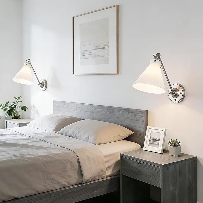Industrial Vintage Slope Pole Wall Mount Single Sconce with Funnel Flared Clear Glass Shade, Swing Arm Wall Sconce Light Lamp Fixture Hardwired