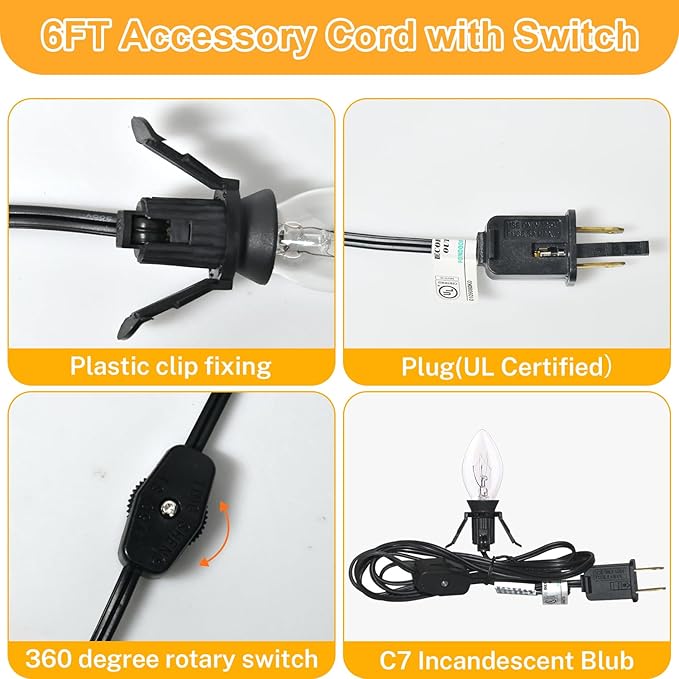 6FT Accessory Cord for Craft Lighting Halloween Pumpkin Christmas House Decorations, 4 Sets Candelabra-Base E12 Socket C7 Bulbs Clip Light with On/Off Switch Plugs (8 Bulbs, 4 Spare)