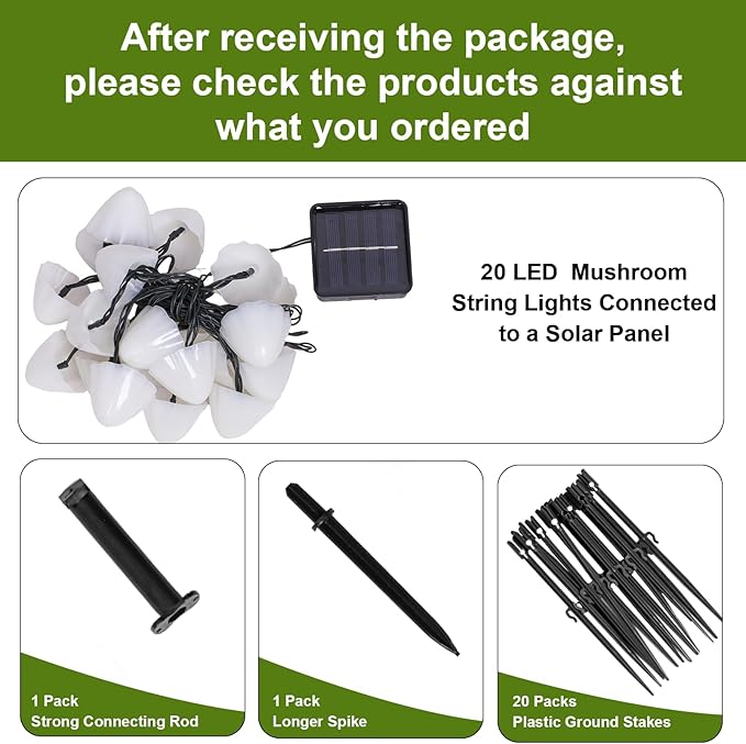 20 LED Mushroom Solar String Lights Outdoor, 8 Modes Decorations Garden Lights Waterproof, Solar Fairy String Light for Outside Patio Pathway and Yard, Warm White