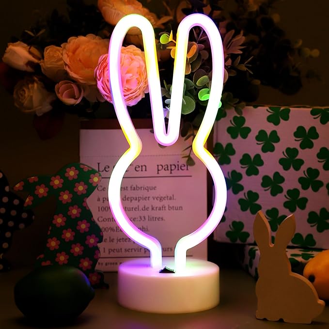 Bunny Shape LED Neon Signs, Colorful Rainbow Rabbit Neon Lights USB/Battery Powered Night Lights with Base, Cute Rabbit Head Neon Lamp for Easter Table Art Decoration (Colorful)