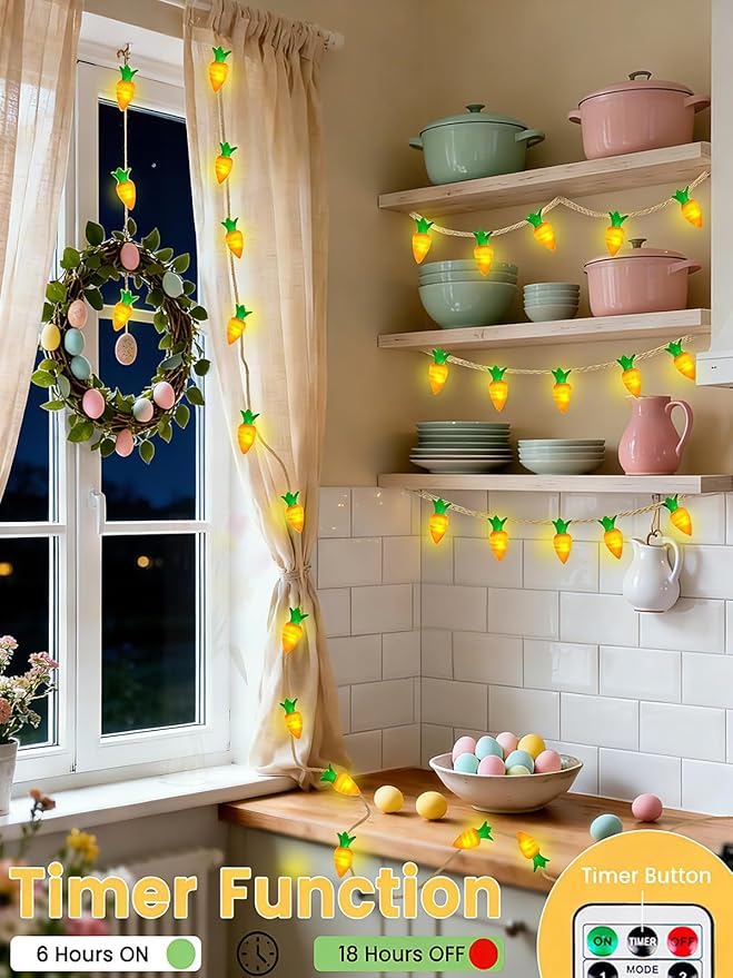 YIQU Easter Decoration String Lights, 10FT 12LED Indoor Carrot Mantel Garland Battery Operated with Remote Timer 8 Modes, Hemp Rope Banner for Fireplace Table Wall Spring Party Indoor Outdoor Decor