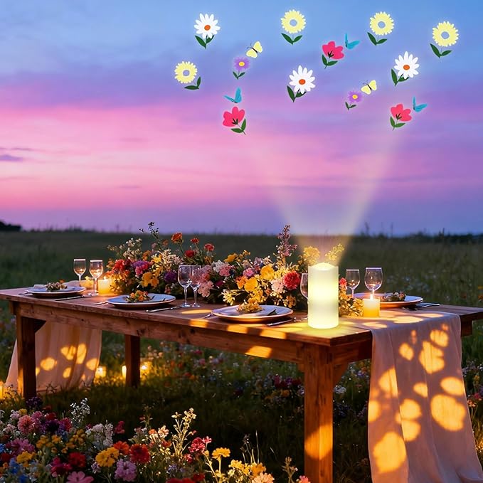 Baquler Wildflower Flameless Candles Spring Projector Lights Decoration LED Candle Battery Operated Night Light with Remote Timer for Wedding Tea Party Spring Summer Decorations for Home