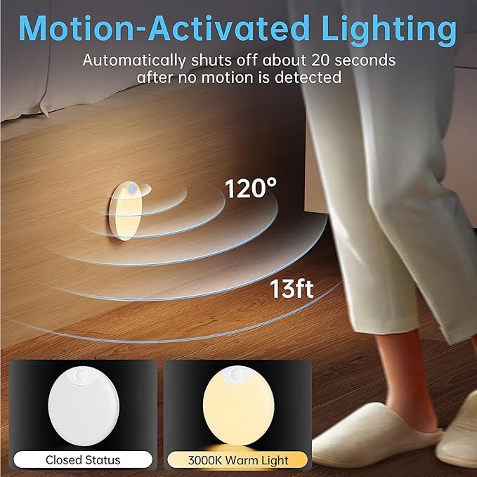 Motion Sensor Night Light,LED Rechargeable Indoor Night Lights,Magnetic Cabinet Light Closet Light for Kitchen Bedroom Bathroom Stairs 6 Pack (Warm Lamp)