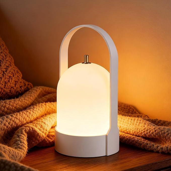 Tubicen Portable Lamp, Battery Operated Cordless Outdoor Table Lamps Rechargeable, 4-Level Touch Dimmable IP44 Shower Lamp, Night Light for Patio Camping Dining Room Bedroom (White, Regular)