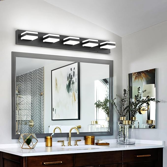 SOLFART Bathroom Lighting Fixtures, Bathroom Vanity Lights Over Mirror, Matt Black 5 Lights, Light Fixtures for Vanity Cool Light 6000K
