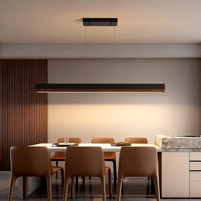 43" Wood Linear Pendant Light, 24W LED Dimmable Kitchen Hanging Lights, Pendant Lights Kitchen Island with Remote, Linear Chandelier for Dining Room, Kitchen Island, Bar, Pool Table-Walnut