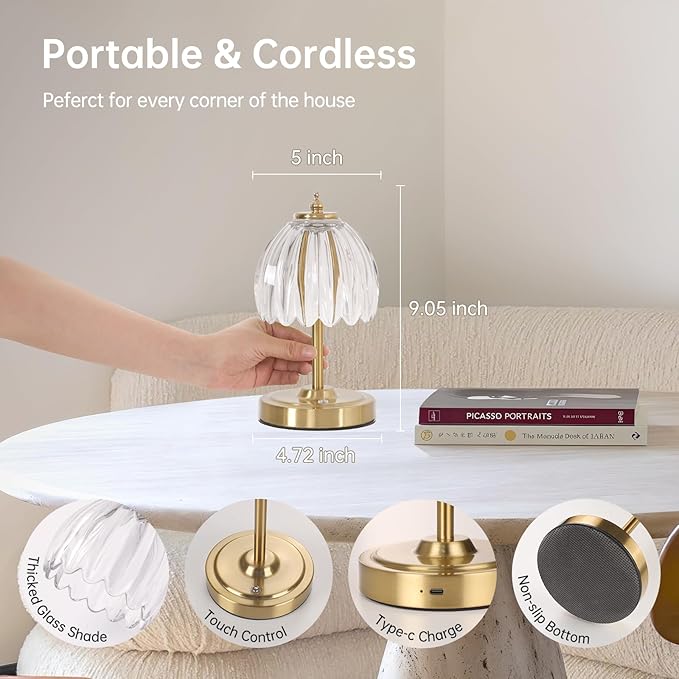 Set of 2 Tulip Table Lamp with 5200mAh Battery & Touch Control, Cordless Small Table Lamp with 3 Colors, Rechargeable Battery Operated Table Lamps for Nightstand, Bedroom (Transparent Tulip)