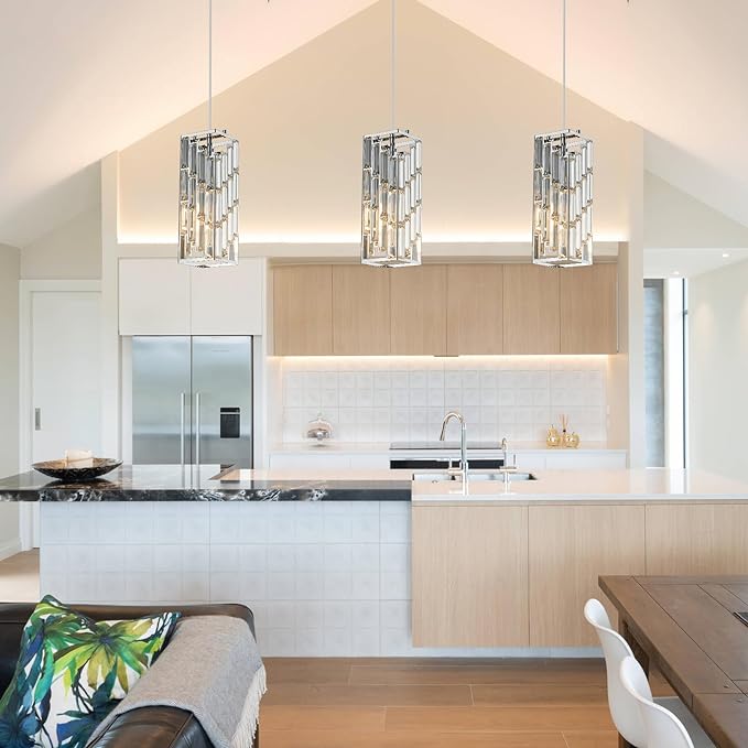 Chrome Pendant Lighting Modern Pendant Light, Mini Crystal Chandeliers,Adjustable Pendant Light Fixture for Kitchen Island Dinning Room Bedroom (3 Pack)