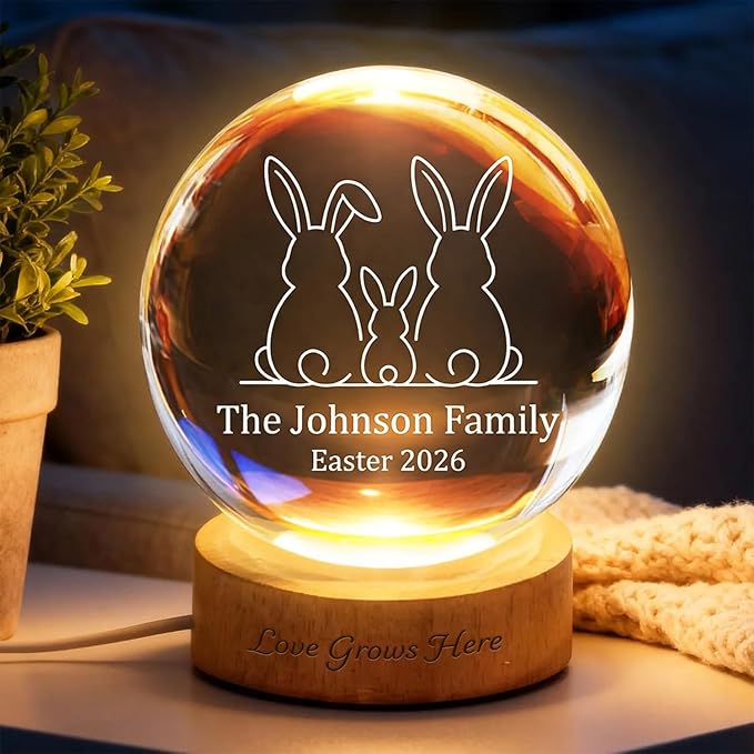 Personalized Easter Family Bunny Crystal Ball LED Night Light, Custom Family Name Glass Globe Lamp with Year, Engraved Rabbit Silhouette Keepsake Gift for Spring Home Decor
