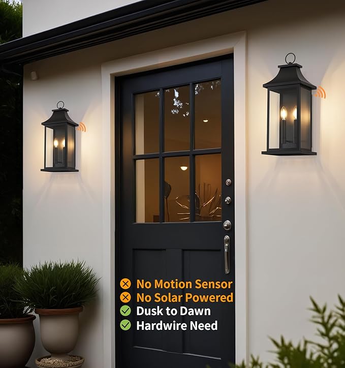 tewei 2-Pack Dusk to Dawn Outdoor Wall Lights, 22'' Porch Light Outdoor Wall Sconce Lantern, 2-Light Black Exterior Lighting Fixture Wall Mount, Outside Light for House Garage