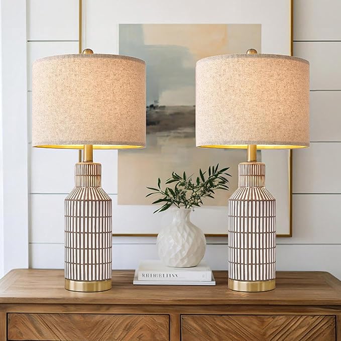 25" Table Lamps Set of 2, Modern Ceramic Bedside Lamps - Farmhouse Brown Nightstand Lamps for Bedroom, Boho Living Room End Table & Office Desk Decor