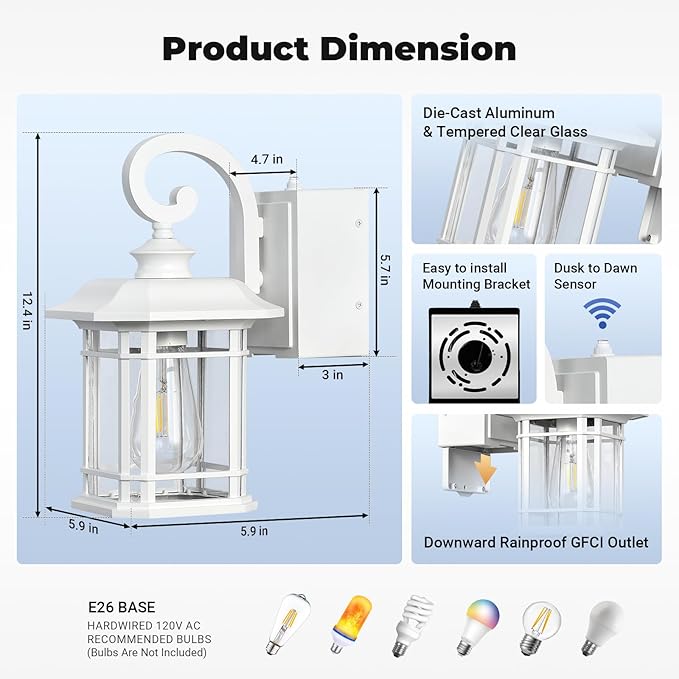 White Porch Light with GFCI Outlet, Dusk to Dawn Outdoor Light Fixture with Seeded Glass, Anti-Rust Waterproof Exterior Lighting Fixtures for Proch, Front Door, Yard, Patio