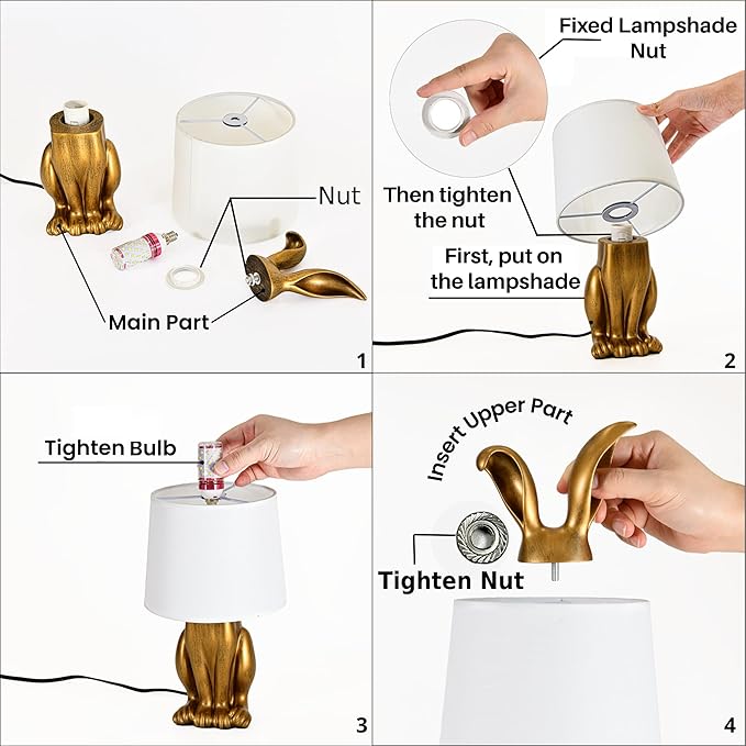 Bunny Table Lamp, Cute Animal Rabbit Lamp,Bunny Lamps,15.7" Vintage LED Desk Light with Linen Lampshade,Gold Main Part Beside Lamp for Bedroom, Study Room, Office, Nursery, Home Decor (Linen White)