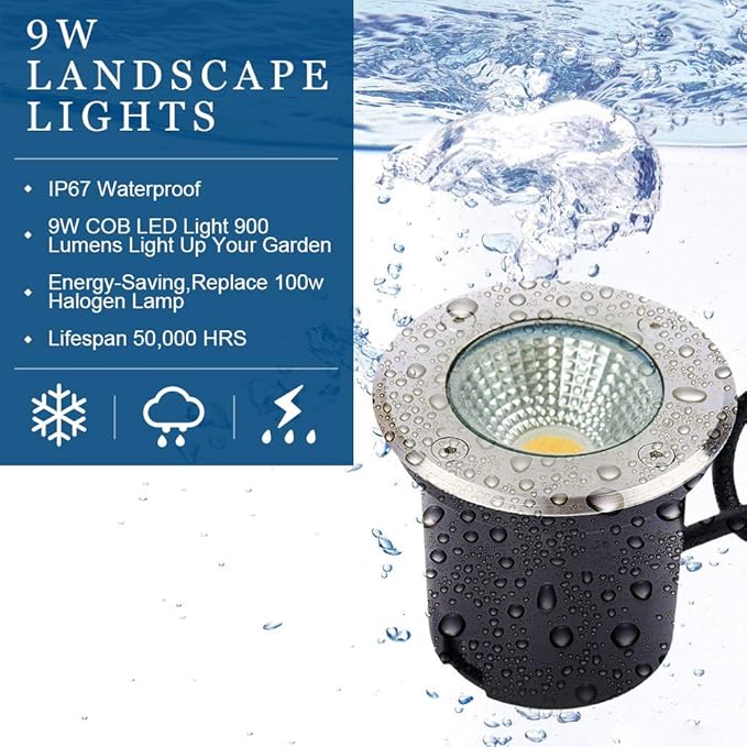 9W Led Well Lights, Low Voltage Landscape Light,12V/24V Landscape Lighting,IP67 Waterproof Outdoor in-Ground Light for Garden,Tree, Deck,Yard,Patio(Warm White) 8 Pack
