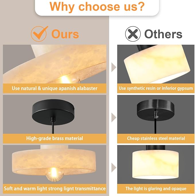 Alabaster Pendant Light for Kitchen Island, H-9.5in Modern Black Hanging Light Fixture with Natural Alabaster Stone Shade, Adjustable Pendant Lighting Over Sink, Dining, Bar, Counter - 3 Pack