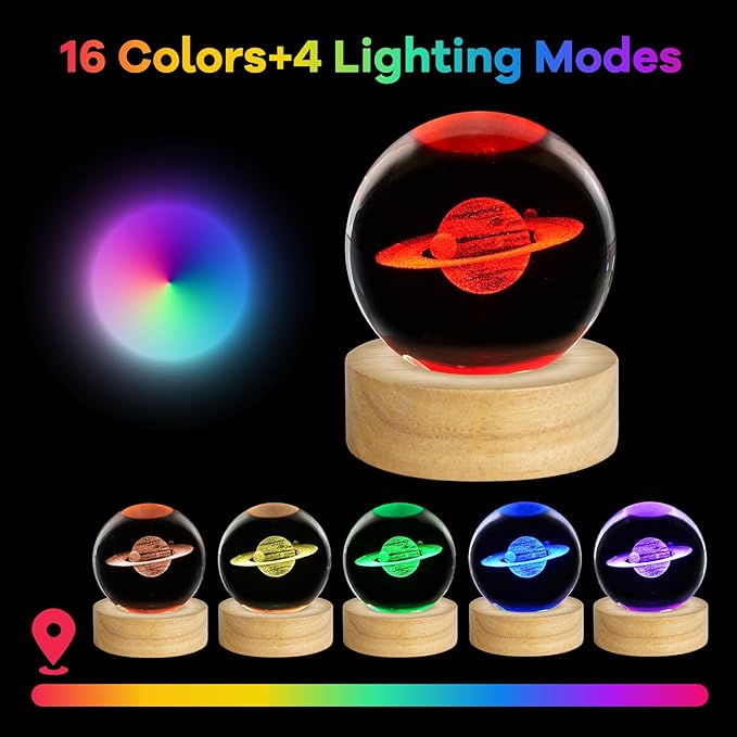 3D Saturn Crystal Ball Night Light 2.4in Saturn Planet Glass Sphere Lamps Decor with 16 Colors Change Remote Control Galaxy Birthday Christmas Gifts for Friends Kids