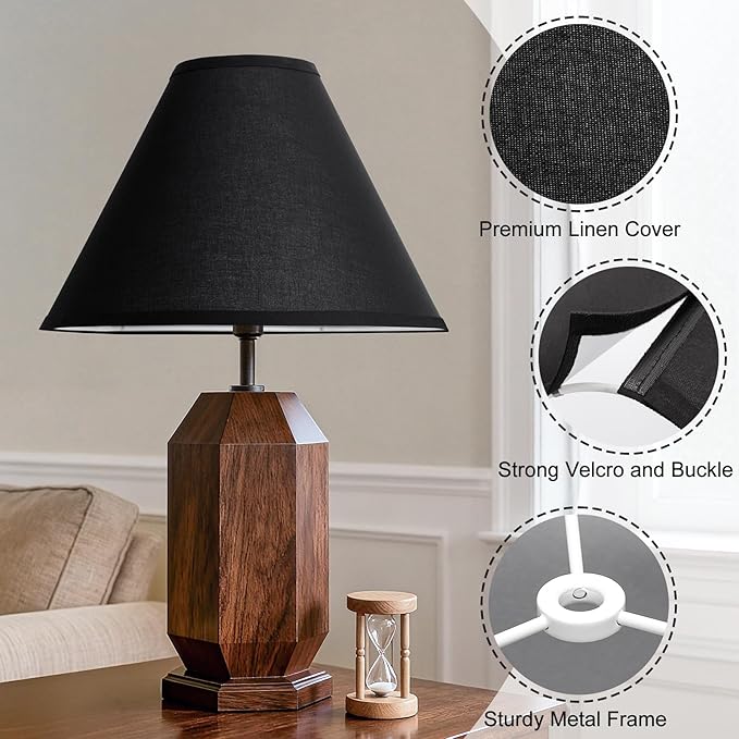 Black Lamp Shades Set of 2, 6" Top x 16" Bottom x 10.8" High, Empire Large Lamp Shades Replacement for Table Lamps Floor Lamps, Natural Linen Lampshades, Spider, Harp Holders Included, Easy Assembly