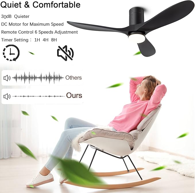 52" Flush Mount Ceiling Fans with Lights and Remote/APP Control, 3CCT Dimmable LED, 6 Speed DC Motor, Low Profile Ceiling Fan for Bedroom, Hallway,Indoor/Outdoo