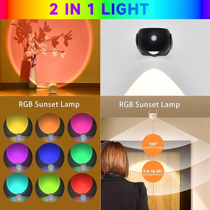 Sunset Lamp Projector, 11 Colors Changing Motion Activated Sensor RGB Lights with Button Switch Control, USB Recharging & Battery Power 350° Rotation Night Light, Led Lights for Bedroom Decor (White)