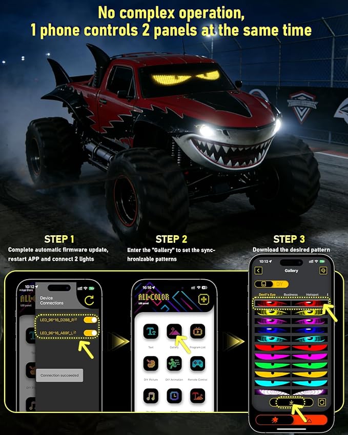 LED Devil Eye Lights for Windshield 23"x5"[2PCs], Dual Screen Sync with APP & Remote Control, Windshield Eyes Animated, 5V-USB Powered, Programmable Evil Eyes for Car Truck RV Front Window