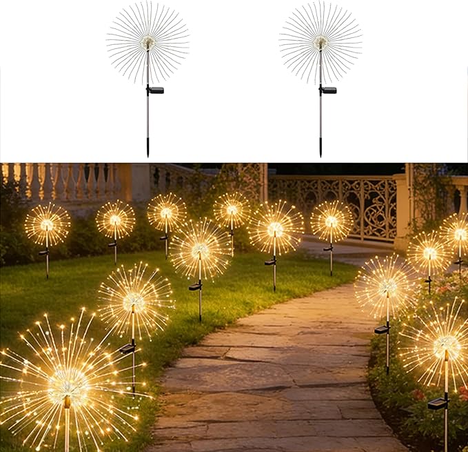 Solar Firework Lights for Outside, 150 LED 8 Modes Fireworks Solar Fairy Lights Outdoor Flowers for Garden Yard Patio Pathway Wedding Christmas Diwali Easter Party Decor Warm White(2 Pack)