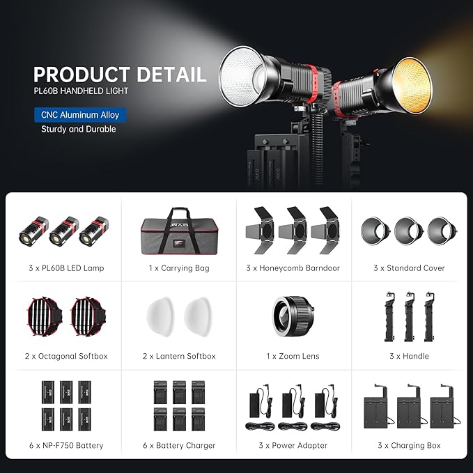 GVM 3 Packs 60W Video Light for COB Studio Lights, Portable Photography Lighting for Recording, Handheld Led Video Lighting, Spotlight for APP Control, Outdoor, 2700-6800K, 51800LUX/0.5M, 6 Batteries