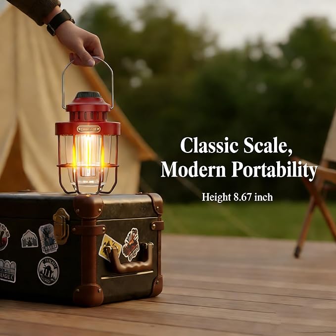HOMY Vintage Camping Lantern Premium Metal LED Rechargeable Dimmable Warm Light for Glamping, Patio, Home Decor Retro Portable Tent Lamp