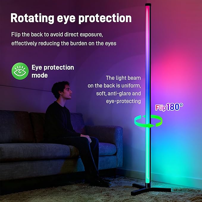 RGB LED Corner Floor Lamp, 16 Million Colors with Music Sync & Remote Control, Dimmable Foldable Minimalist Floor Lamp for Gaming Room, Living Room, Bedroom, Christmas Party Decor