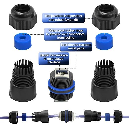 VCELINK Waterproof RJ45 Coupler IP68 Short Profile, Cat6/Cat5E/Cat5 Waterproof Ethernet Connector Shielded, Outdoor Network LAN Cable Extender PoE 6-Pack, 3.23in