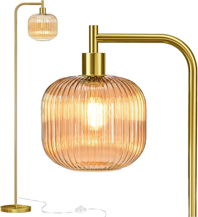 Glass Floor Lamp,67" Modern Standing Lamp with Sunset Grapefruit Glass Lampshade Metal Pole for Living Room, Bedroom, Office - Heavy Base,Pedal Switch (Include Bulb)(Amber)