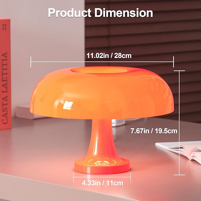 Orange Bedside Lamp for Bedroom Nightstand, Retro Mushroom Table Lamp with 3 Lighting Color and 10 Brightness Level, Desk Lamp for Reading Room/Office/Dorm(W11'' x H7.67'', USB Powered)
