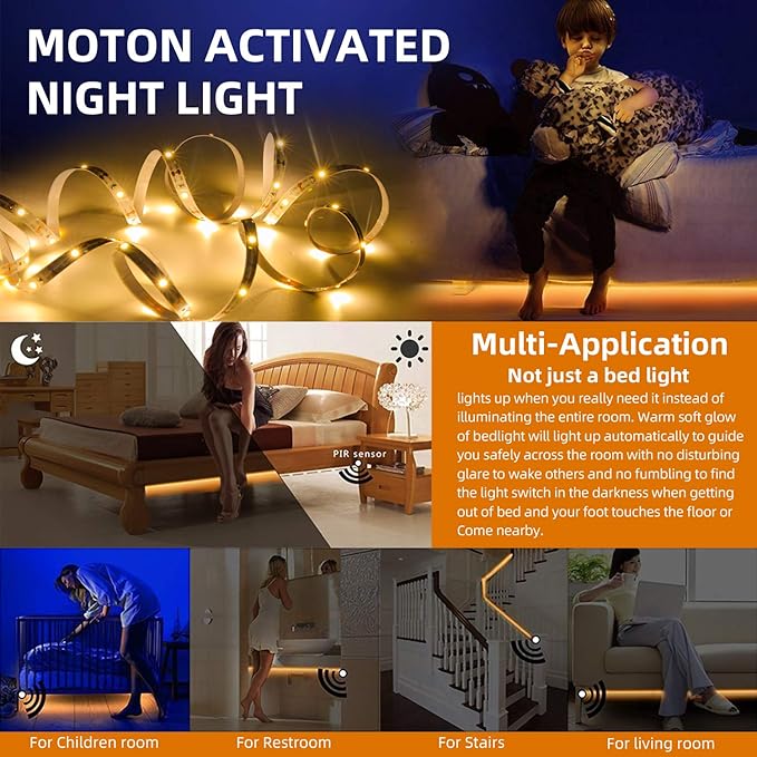 HOUHUI Motion Sensor LED Light Strip, 2PCS 9.8Ft Motion Sensor Light Indoor with Automatic Shut-Off Timer, Motion Activated Bed Lights Under Cabinet Lighting Kit for Bedroom Home Hallway-Warm White