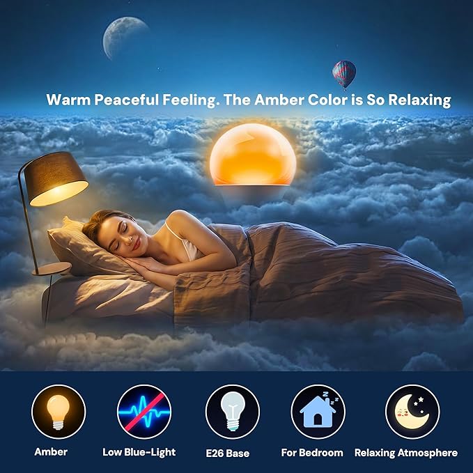 L LOHAS LED Sleep aid Amber Light Bulbs, Blue Light Blocking, A19 9W(60 Watt Equivalent) Dim Light Bulbs, 1800K Warm Light Bulb, E26 Base, 4 Pack