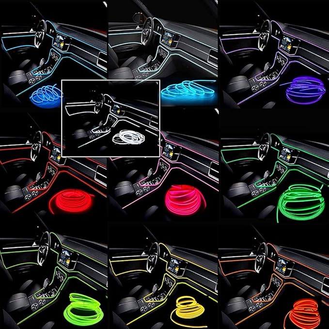 MaxLax Orange LED Neon Car Interior Lighting Strip - 3 Meter Flexible 12V EL Wire with Built-in Fuse Protection for Automotive Interior Customization, Featuring 6mm Sewing Trim for Easy Installation.