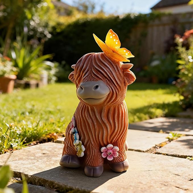 Highland Cow Garden Statue with Butterfly - Outdoor Decor for Yard, Patio & Lawn - Cute Cattle Figurine, Whimsical Backyard Ornament & Art, Unique Gifts for Grandma, Mom & Cow Lovers