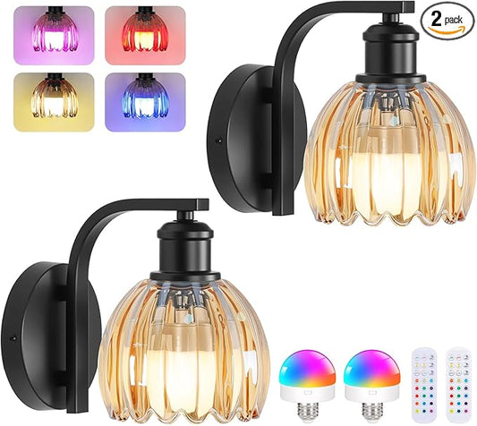 Rechargeable Battery Operated Wall Sconce Set of Two with Amber Glass Lampshade, Wireless Wall Scone Decor with Remote Control, 15 Colors Black Wall Light for Bedside Hallway Bedroom Doorway