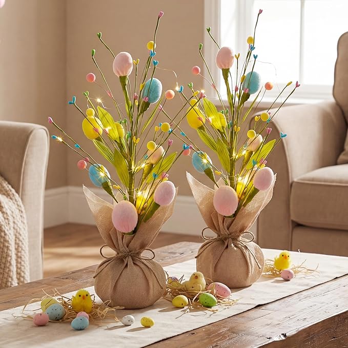 2 Pack 18 Inch Pre-lit Floral Easter Egg Tree Tabletop Decor, Detachable Battery Powered LED String Lights, Spring Centerpiece for Indoor Home Mantel Table Easter Party