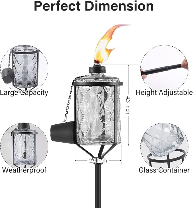 4 Pack Glass Torches, 13.5 oz Citronella Torches for Outside, Citronella Torches with 3-Prong Grounded Stake, Landscape Lanterns Torches for Garden, Patio, Party Decor (Gray)