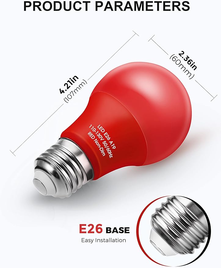 Fulighture Red Light Bulbs [ 4 Pack] Christmas Light Bulbs 9W (60W Equivalent) A19 LED Red Light Bulb Indoor/Outdoor, E26 Base Non-Dimmable,720LM Porch Light for Christmas Day Decorations