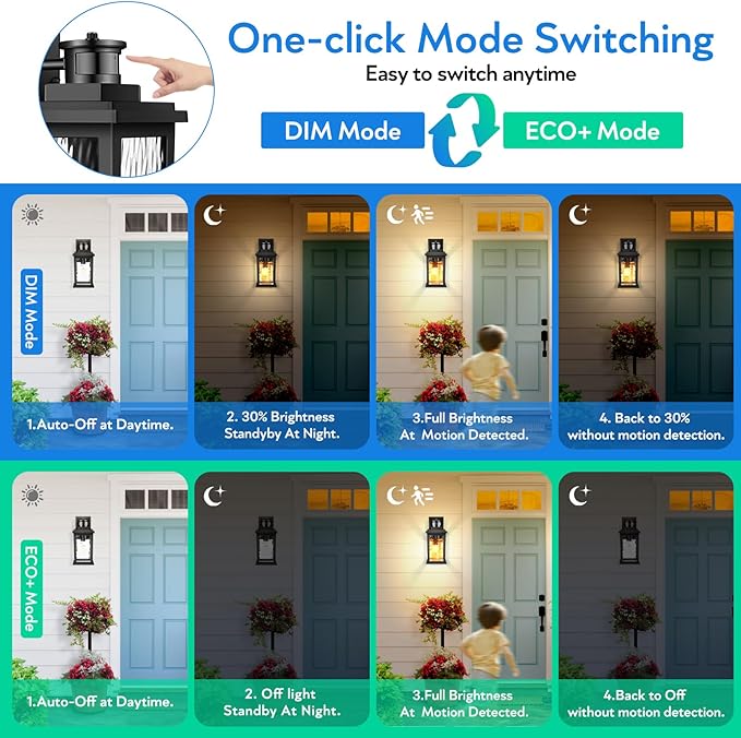 VIANIS Porch Lights Outdoor with Motion Sensor, Dusk to Dawn Outdoor Wall Lights Lantern, Anti-Rust Matte Black Outside Light Fixture Sconce for House, Patio, Garage, Waterproof