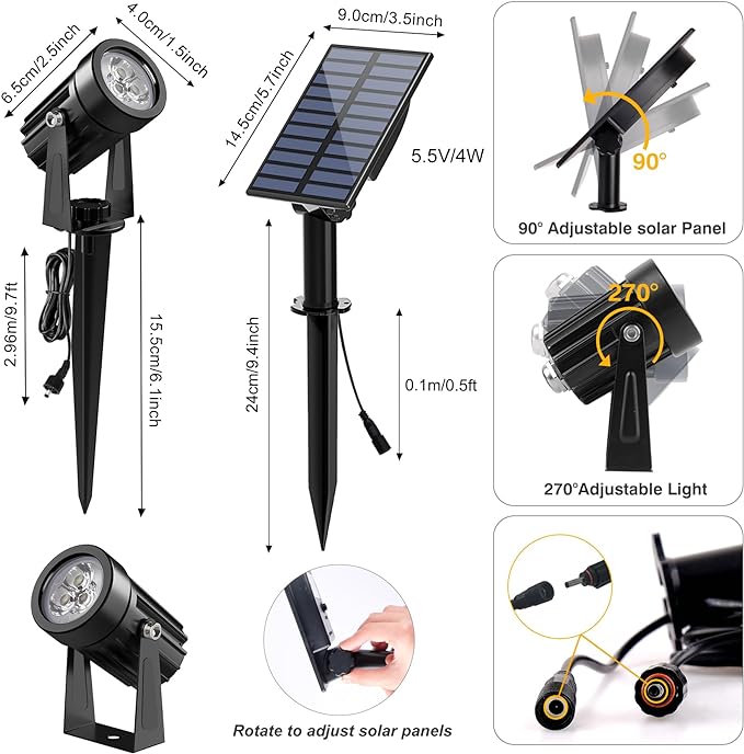 Solar Spot Lights Outdoor, Solar Landscape Spotlights IP65 Waterproof 9.8ft Cable, Auto On/Off Outdoor Wall Lights for Garden Yard Driveway Porch Walkway Pool (1-in-1 3000K Warm White 4 Pack)