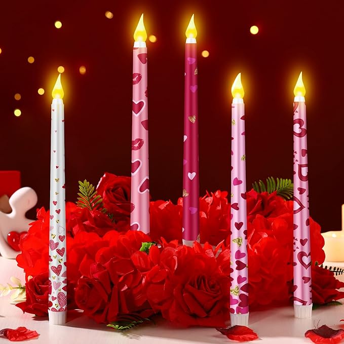 5 Pcs Valentines Day LED Flameless Candle Set Valentine Day Flameless Taper Candles with Heart Battery Operated Seasonal Celebration with Remote for Wedding Romantic Night