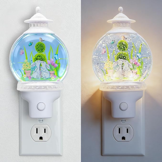 Bunny Night Light Plug-in, Spring Nightlight with Swirling Glitter, Soothing Light Helps Kids Sleep, Rabbit Easter Night Light with USB Cord for Bedroom Nursery Decor Gift