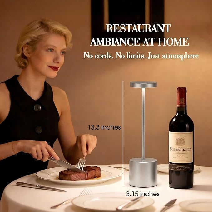 Cordless Table Lamp – 2 Pack Rechargeable Table Lamps, 5000mAh Battery Operated Lamp with 3-Color Dimmable Light, Outdoor Table Lamp for Bedroom, Restaurant, Patio, Home Décor (Silver)