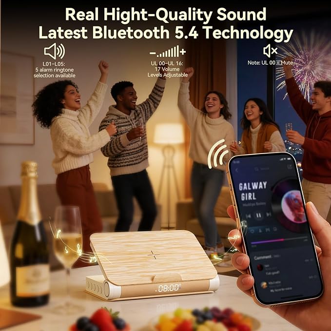 Vivilumens Alarm Clocks Wireless Charger Bluetooth Speaker Loud Sunrise Bedside Lamp for Heavy Sleepers Adults with Book Shape Wake Up Light for Bedroom Home Decor （Wooden Grain）